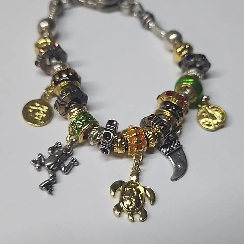 European Style Charm Bracelet Full of Charms Two Stopper Beads Turtle Frog